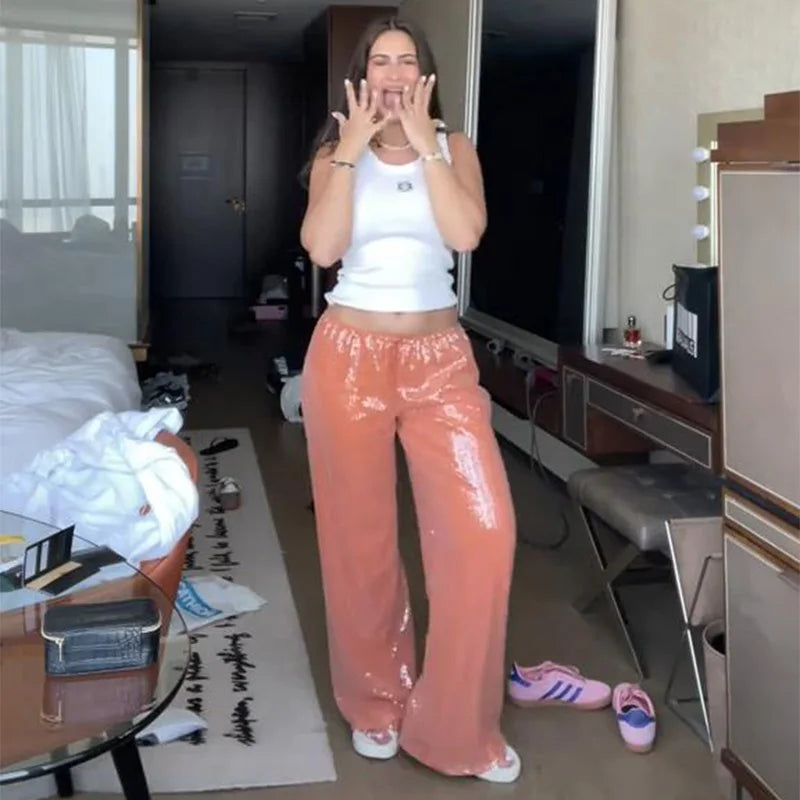 Casual Sequin Pants Women Loose Elastic Waist Wide Legs Trousers Female 2026 Autumn Winter Fashion Chic Solid Streetwears Lady