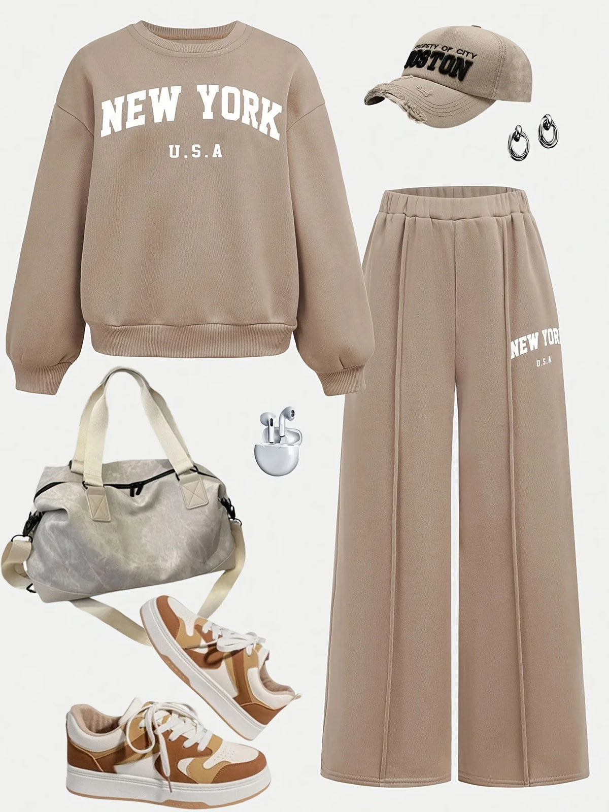 Girls' Casual Letter-Print Outfit: Tween Casual / Back-to-School Style – Khaki Letter-Print Sweatshirt & High-Waisted Wide-Leg P