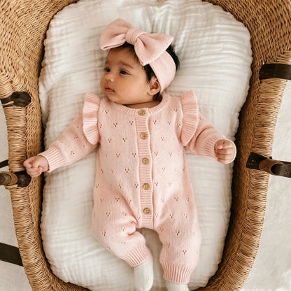 YlsteeeNewborn Baby Girl Knitted Romper Set with Bow Headband, Ruffle Sleeve Heart Knit Jumpsuit for 0-3M Photography Daily Wear
