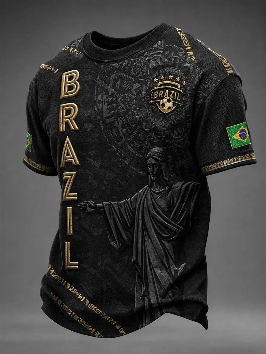 Black Brazil Street Style Tee with 3D Embossed South America Map Print & Gold Striped Trim, Customized for Soccer Fans
