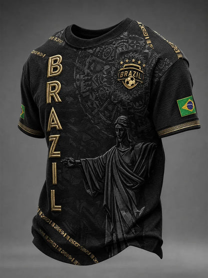 Black Brazil Street Style Tee with 3D Embossed South America Map Print & Gold Striped Trim, Customized for Soccer Fans