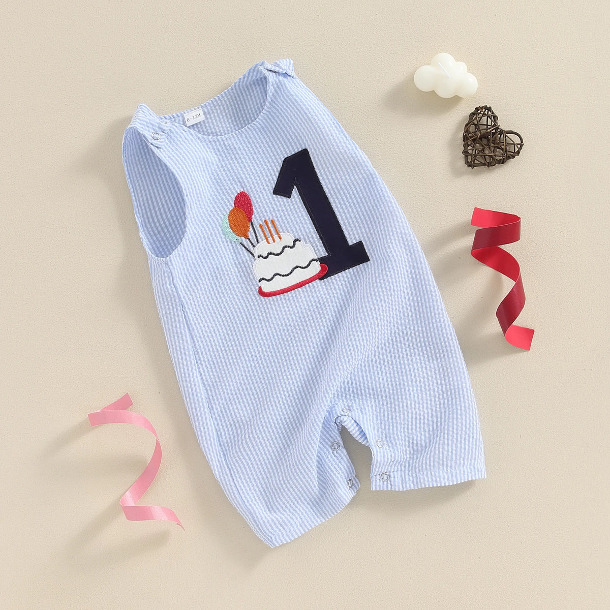 FOCUSNORM 3 Colors 0-18M Lovely Baby Boys Overalls Romper Sleeveless Letter Embroidery Cake Striped Birthday Jumpsuits