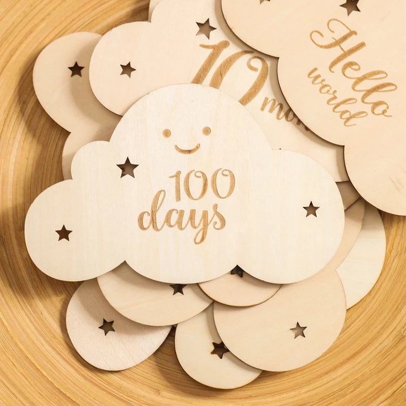 Spanish Alphabet Baby  Wooden Milestone Number Month Memorial Cards Items Cute Cloud Shape Newborn Photography Accessories Props