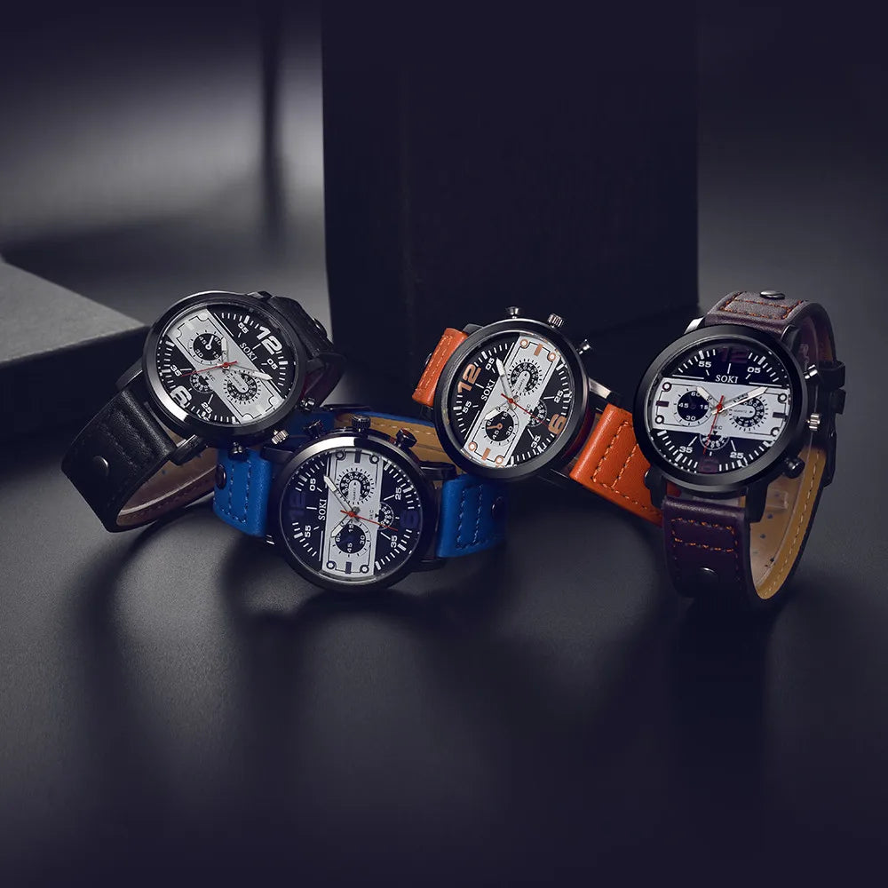 Sleek Men’s Watch Chic Brown Leather Band Quartz Watch Modern Black White Orange Three Eye Contrast Color Chronograph Wristwatch