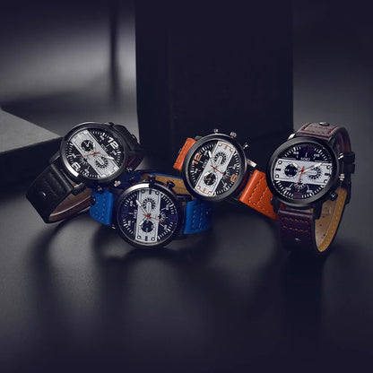 Sleek Men’s Watch Chic Brown Leather Band Quartz Watch Modern Black White Orange Three Eye Contrast Color Chronograph Wristwatch