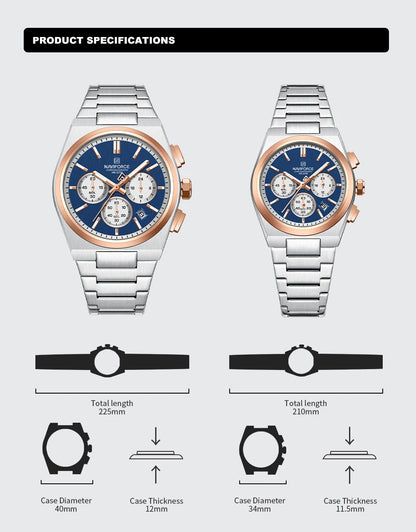 Top Brand NAVIFORCE Men and Women Quartz Chronograph Watch Stainless Band Stylish 24 Hours Date Display Couple Wristwatches 2024