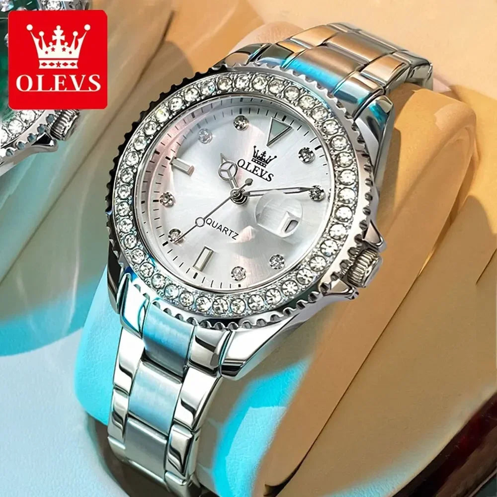 OLEVS 9945 Luxury Diamond Stainless Steel Quartz Watch for Women Elegant Ladies Waterproof Sport Women's Wristwatch Reloj Mujer