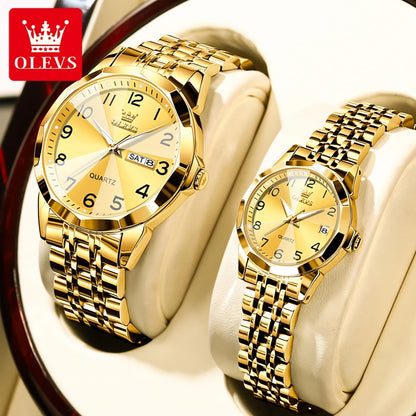 OLEVS 9970 Couple Watch For Men Women Luxury Number Dial Rhombus Mirror Quartz Hand Clock Stainless Steel Original Dress Watches