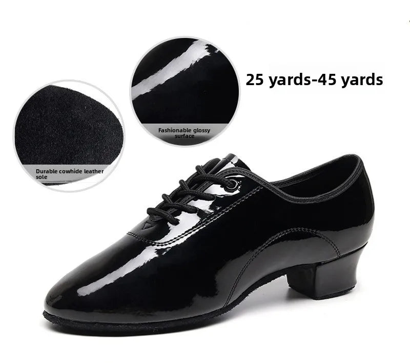 Children Latin Dance Shoes Boy Men Professional Leather Latin Shoes Black Soft Sole Kids Low-heeled Social Modern Dance Shoes