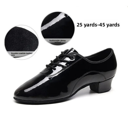 Children Latin Dance Shoes Boy Men Professional Leather Latin Shoes Black Soft Sole Kids Low-heeled Social Modern Dance Shoes