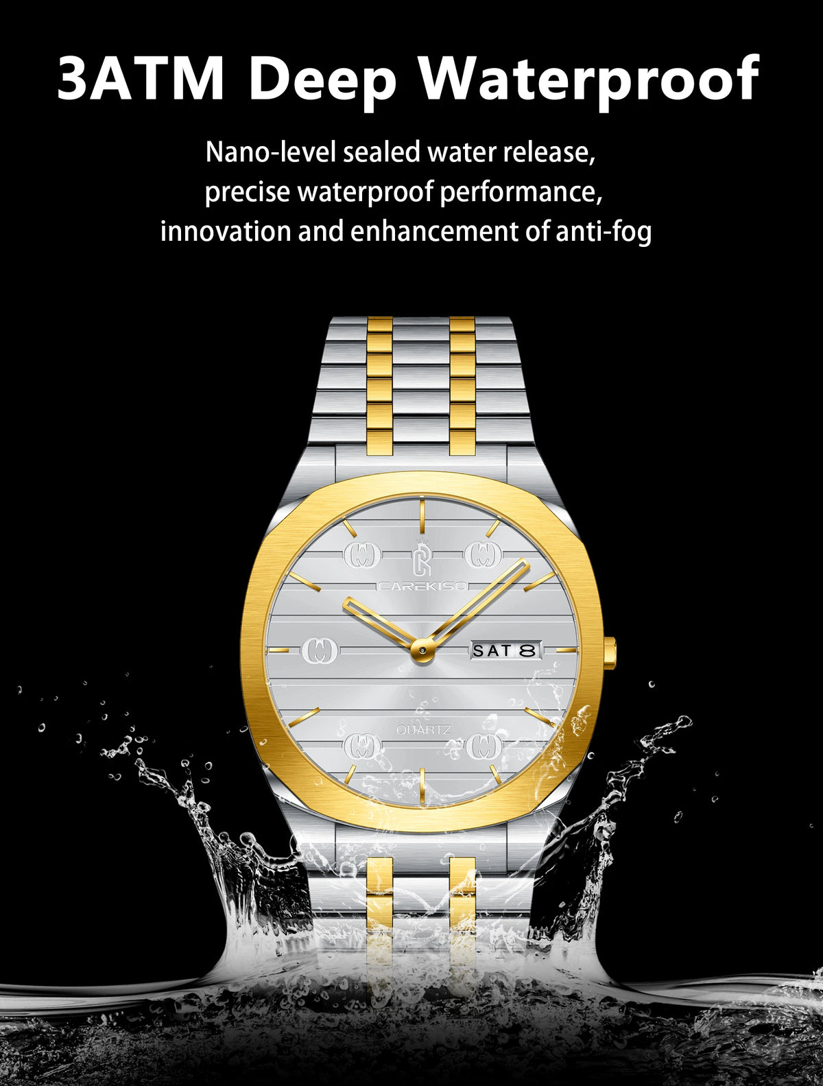 CAREKISO Luxury Fashion Men Clock Waterproof Week Date Casual Man Wristwatch Stainless Steel Quartz Business Men's Watches Reloj