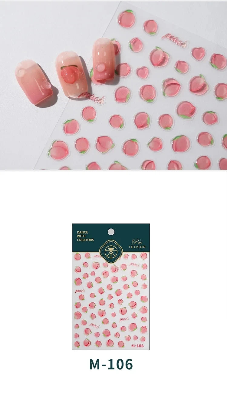 Pink Translucent Peach Jelly Texture 5D Soft Embossed Reliefs Self Adhesive Nail Art Stickers Cute Fruits 3D Manicure Decals