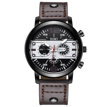 Sleek Men’s Watch Chic Brown Leather Band Quartz Watch Modern Black White Orange Three Eye Contrast Color Chronograph Wristwatch