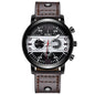 Sleek Men’s Watch Chic Brown Leather Band Quartz Watch Modern Black White Orange Three Eye Contrast Color Chronograph Wristwatch