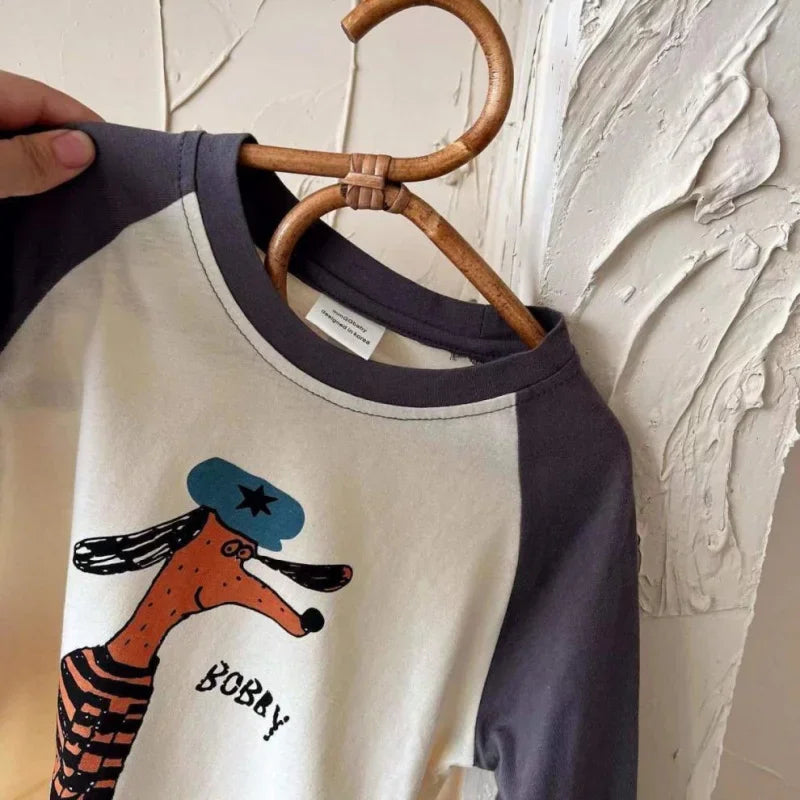 1-7y Toddler Infant Spring Autumn Tops Cartoon Printed Tees For Baby Girl Boy Long-Sleeved Casual Costume Fashion Patchwork Tees