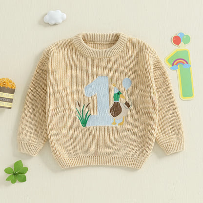 Baby Boy Birthday Sweater Casual Duck Letter Embroidery Infant Pullover Knitwear for Toddler Warm Clothes