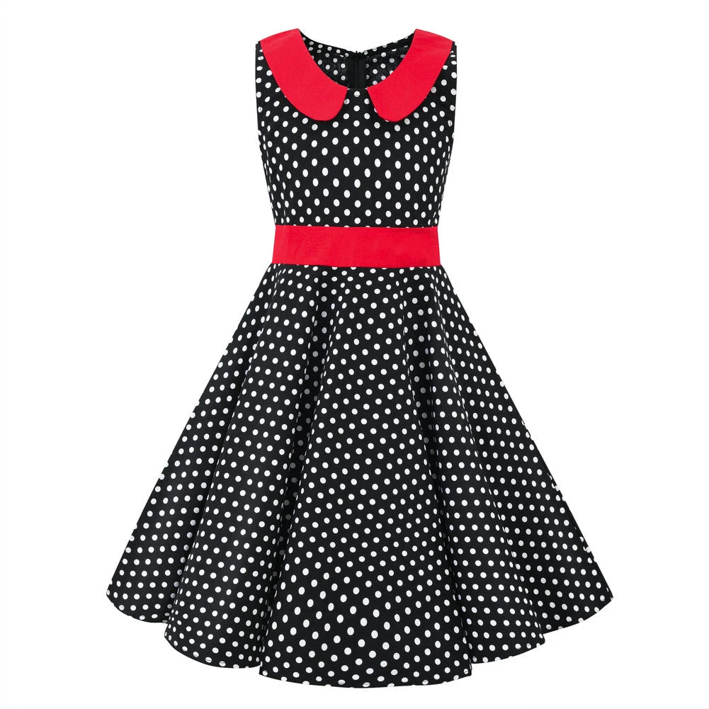 LPATTERN Girls' Vintage Rockabilly Dress Party Retro Polka Dot Floral Pattern A-line Dresses Pleated Skirt Knee-Length for 4-10Y