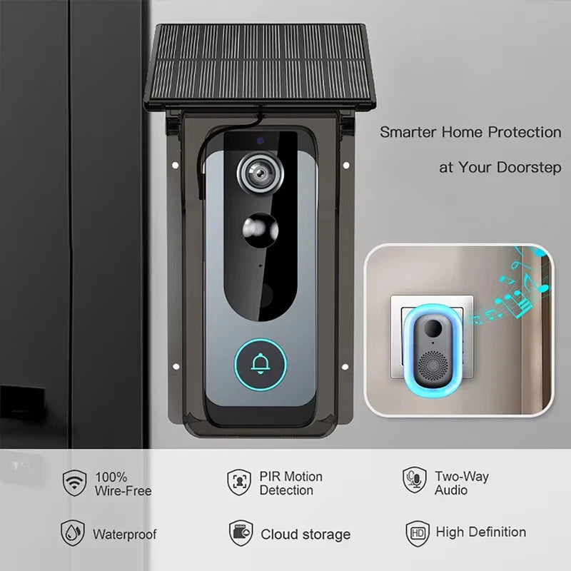 IP65 Waterproof Outdoor Wireless Doorbell with Solar Rain Cover Camera Tuya Eye Digital Door Peepholes Smart Home Video Intercom