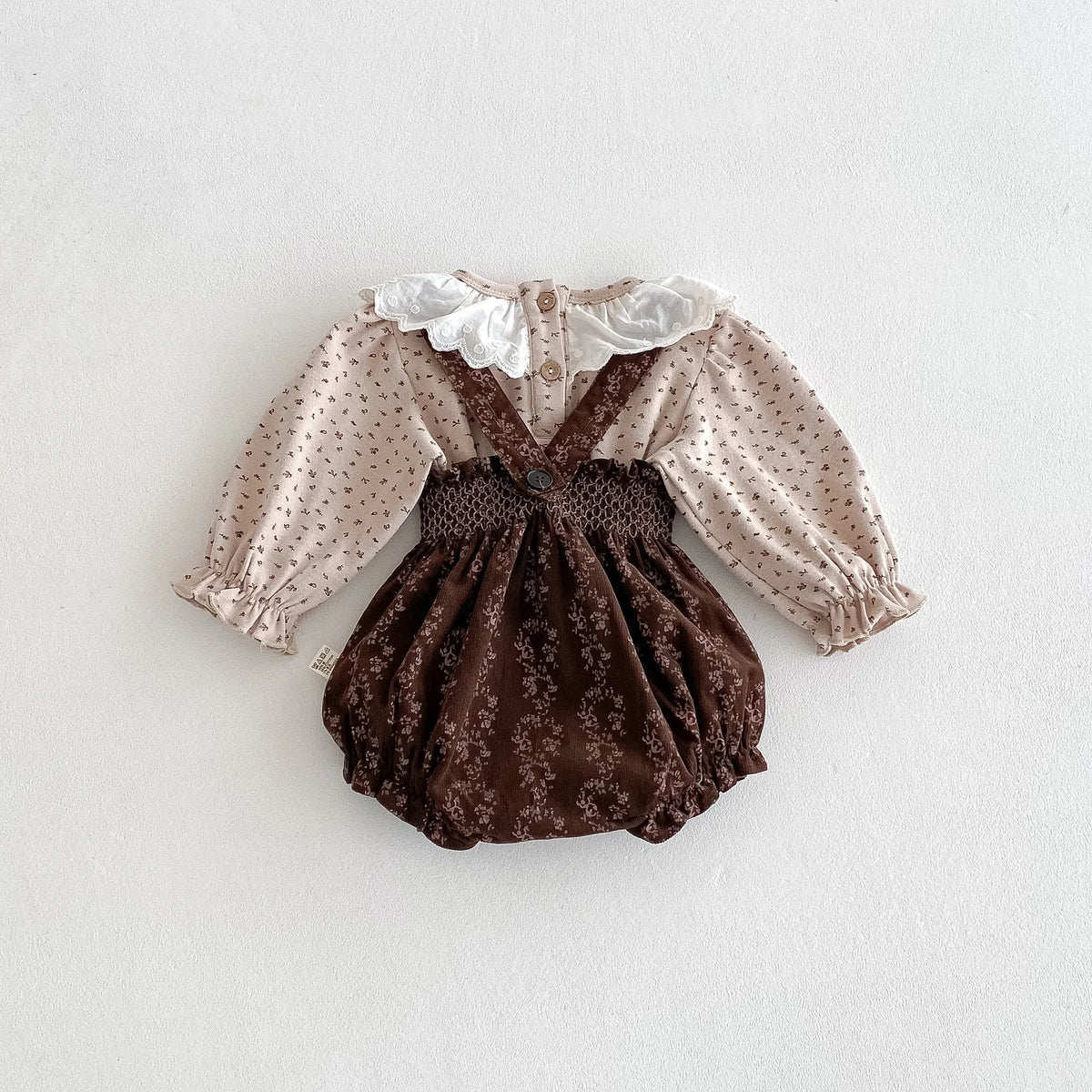 Spring Baby Girls' Lace Collar Pullover Top With Retro Floral Suspenders Pants Set
