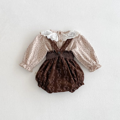 Spring Baby Girls' Lace Collar Pullover Top With Retro Floral Suspenders Pants Set