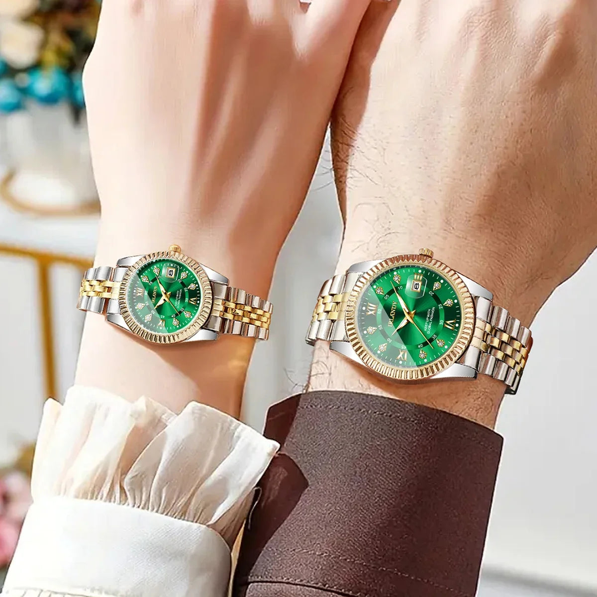 2PCS Fashion Couple's Watches Set Luxury Rhinestone Roma Dial Women Quartz Watch Men Calendar Business Wristwatches（Without Box）