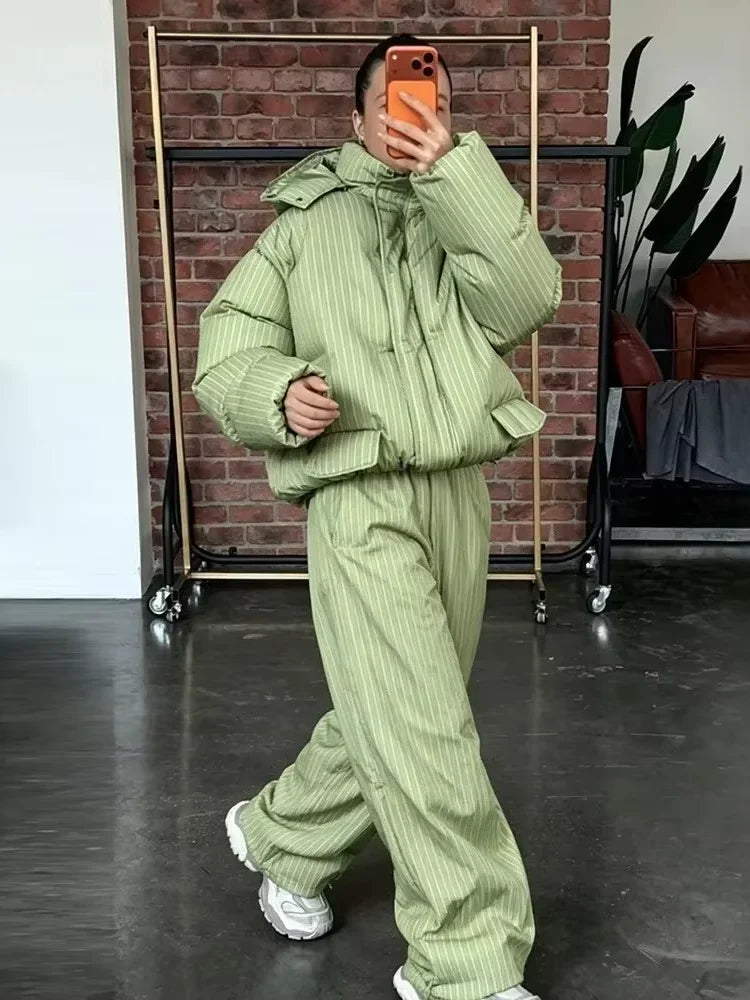 Stripe Women's Padded Cotton Coats Pant Suit Hooded Zipper Puffer Coat Loose Thick Pants 2026 Fashion Lady Autumn Winter Ski Set