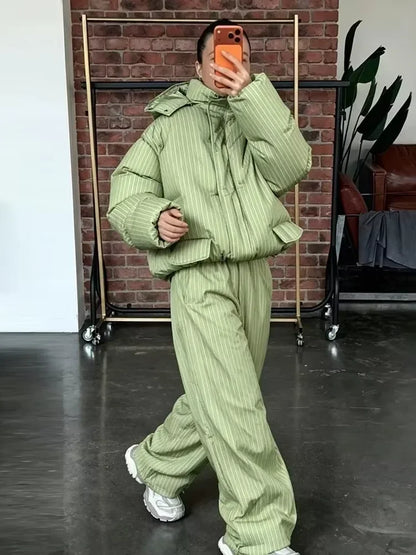 Stripe Women's Padded Cotton Coats Pant Suit Hooded Zipper Puffer Coat Loose Thick Pants 2026 Fashion Lady Autumn Winter Ski Set