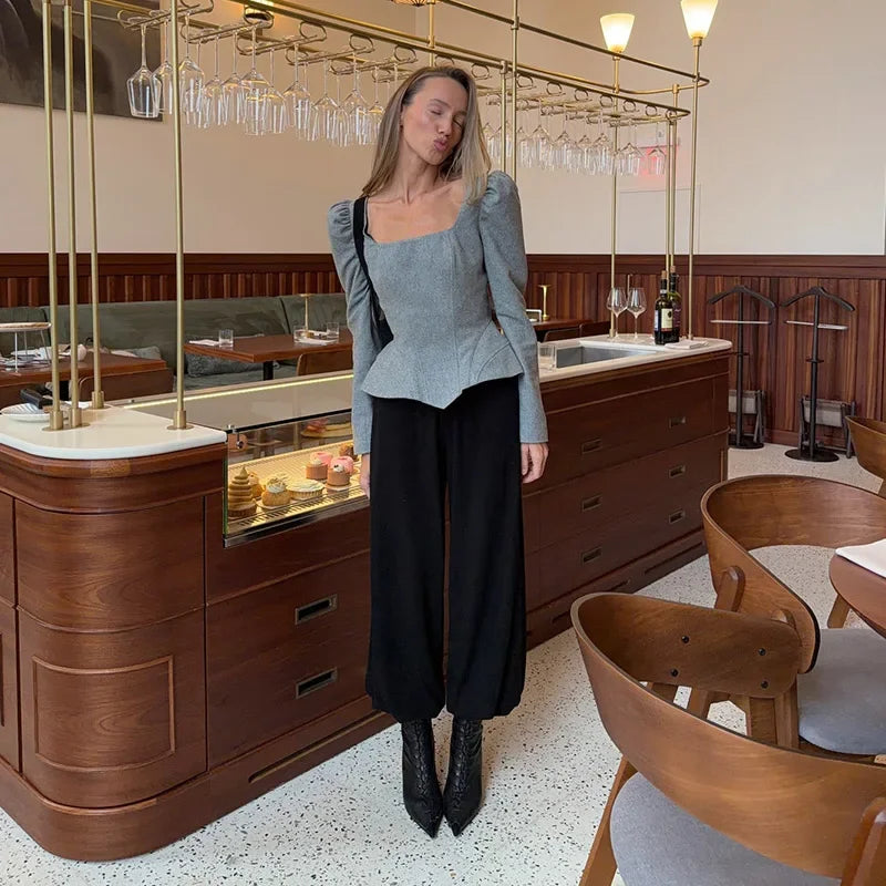 Casual Solid Woolen Top Pants Set Women Puff Full Sleeve Closed Waist Blouse Straight Trousers Sets 2026 Autumn Winter Lady Suit