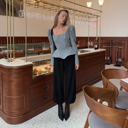 Casual Solid Woolen Top Pants Set Women Puff Full Sleeve Closed Waist Blouse Straight Trousers Sets 2026 Autumn Winter Lady Suit