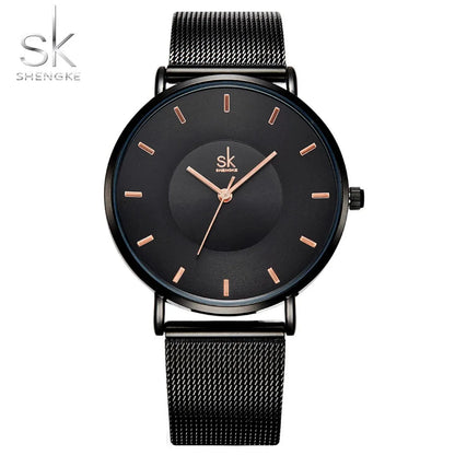 Shengke Fashion Black Watch for Women Classic Relogio Feminino Quartz Ladies Watch Woman Adjustable Mesh Strap Montre Femme