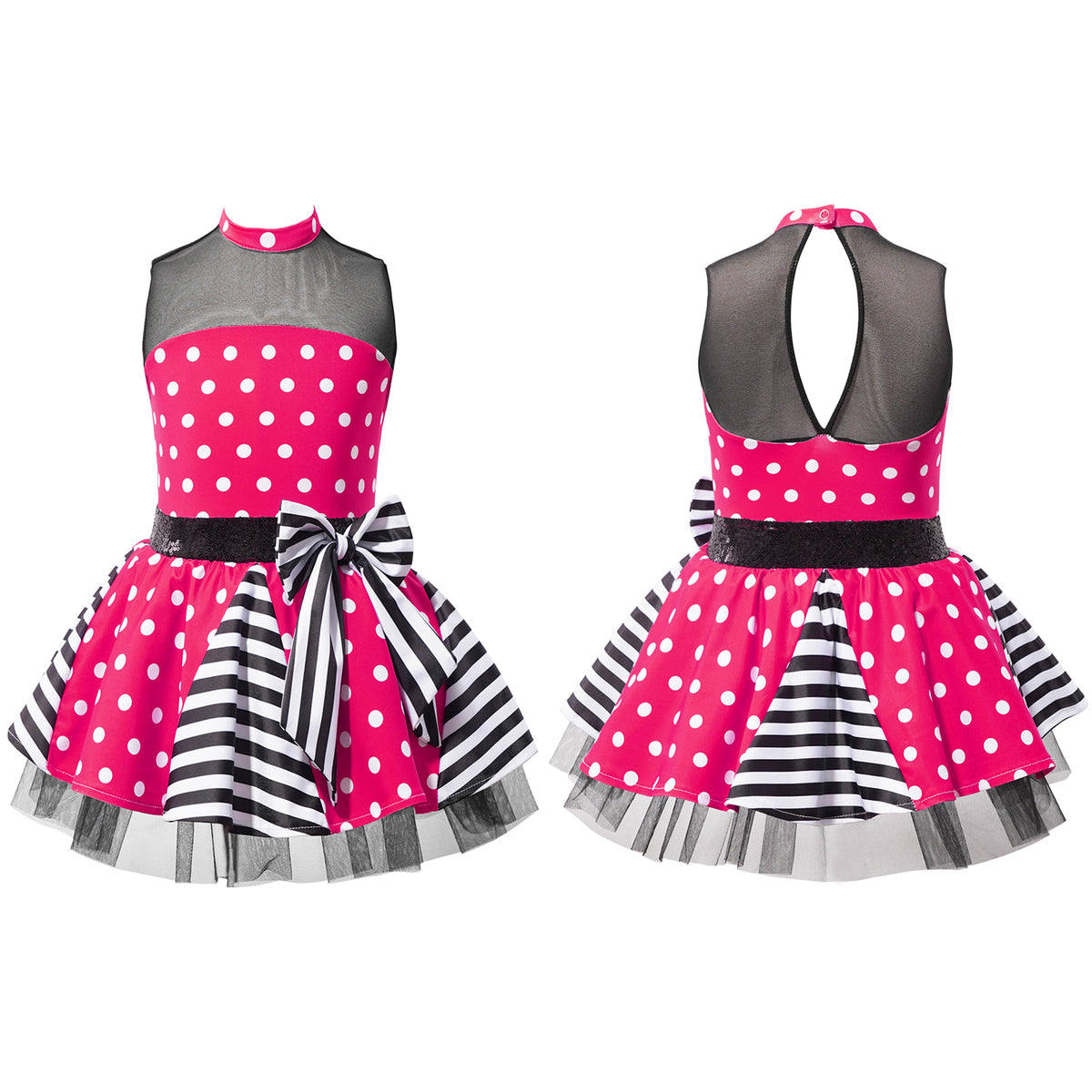 Girls Jazz Latin Ballet Dance Dress Polka Dots Print Mesh Sequin Bowknot Tutu Dress Birthdays Party Wedding Flower Girl Dresses