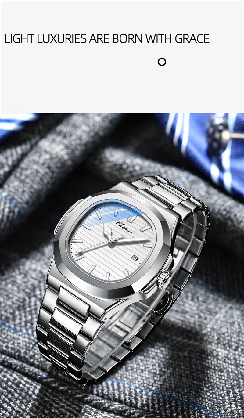 CHENXI 8222 Fashion Couple Quartz Watch Waterproof Night Light Date Stainless Steel Strap Casual Date Men's and Women's Watch