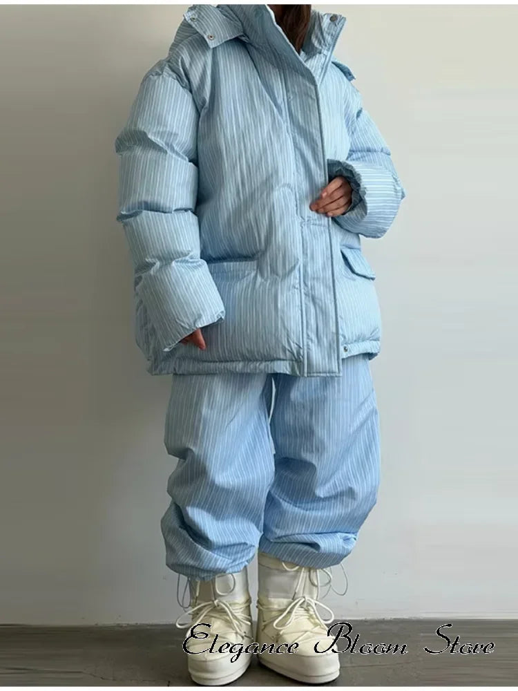 Stripe Women's Padded Cotton Coats Pant Suit Hooded Zipper Puffer Coat Loose Thick Pants 2026 Fashion Lady Autumn Winter Ski Set
