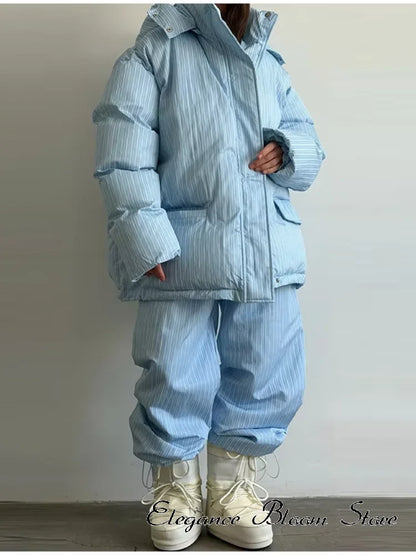 Stripe Women's Padded Cotton Coats Pant Suit Hooded Zipper Puffer Coat Loose Thick Pants 2026 Fashion Lady Autumn Winter Ski Set
