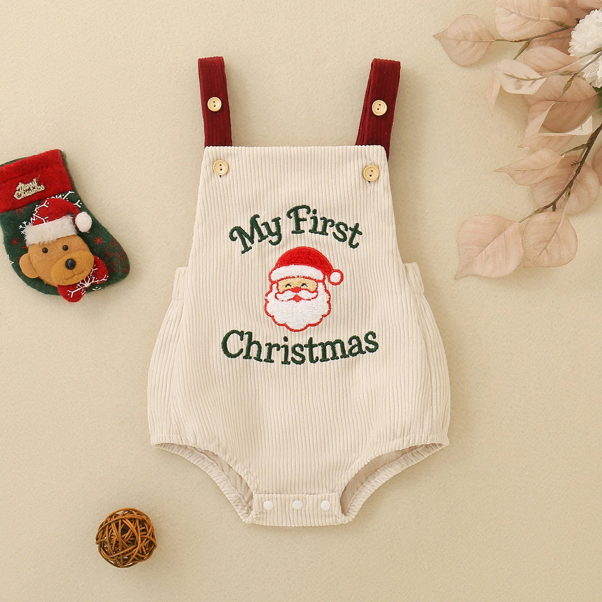 Newborn Baby My First Christmas Suspender Bodysuit Corduroy Santa Claus Embroidery Infant Sleeveless Holiday Romper Outfit