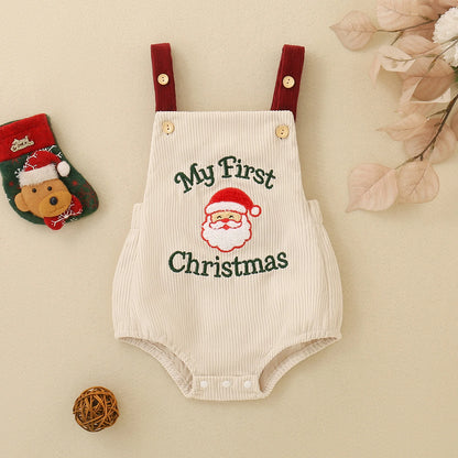 Newborn Baby My First Christmas Suspender Bodysuit Corduroy Santa Claus Embroidery Infant Sleeveless Holiday Romper Outfit