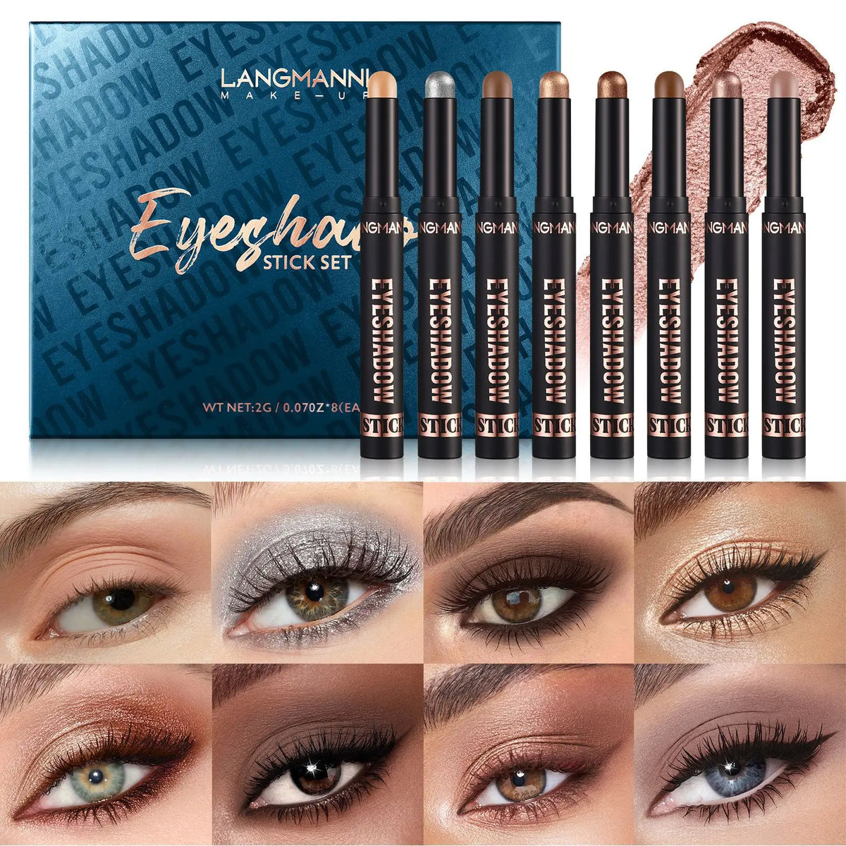 Waterproof Long Lasting Metallic Eyeshadow Sticks Satin Finish 16 Vibrant Colors Professional Makeup Pencil Crayon Set 8PCS