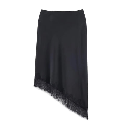 BSAY Lace Asymmetry Satin Texture Skirt Women Fashion Autumn Winter New Solid Chic Female High Waist Elegant Skirts Mujer