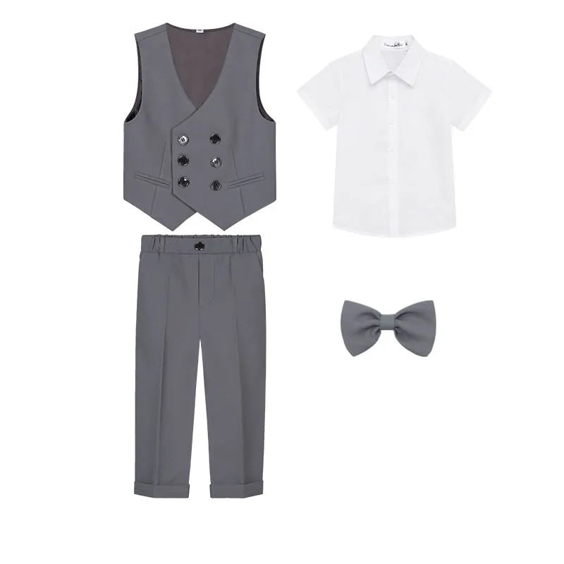Teenager Kids Beige WaistCoat Shirt Pants Bowtie Tuxedo Dress Boys Vest Suit For Wedding Children Host Photograph Party Costume