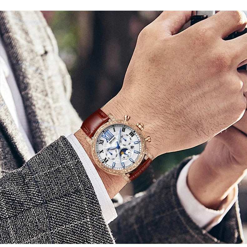 KINYUED Brand Luxury Men's Moon Phase Automatic Mechanical Watch Leather Strap Waterproof Week Date Casual Dress Wrist Watches
