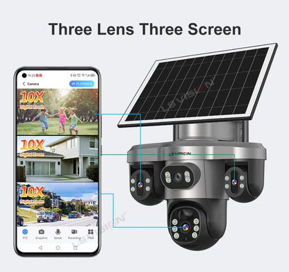 LS VISION Wireless WiFi Solar Camera Three Lens Three Screen 4G Sim Card Solar Cam Human Detection Outdoor Solar Surveillance
