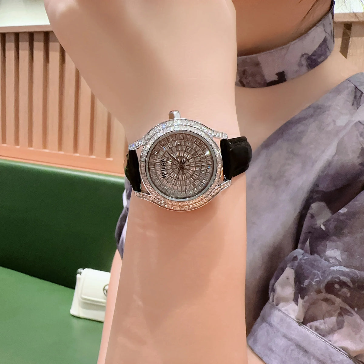 WIILAA Luxury Women's Crystal Quartz Watch - Full Baguette Rhinestone Dial Black Leather Strap Ladies Fashion Wristwatch for Par