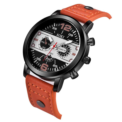 Sleek Men’s Watch Chic Brown Leather Band Quartz Watch Modern Black White Orange Three Eye Contrast Color Chronograph Wristwatch
