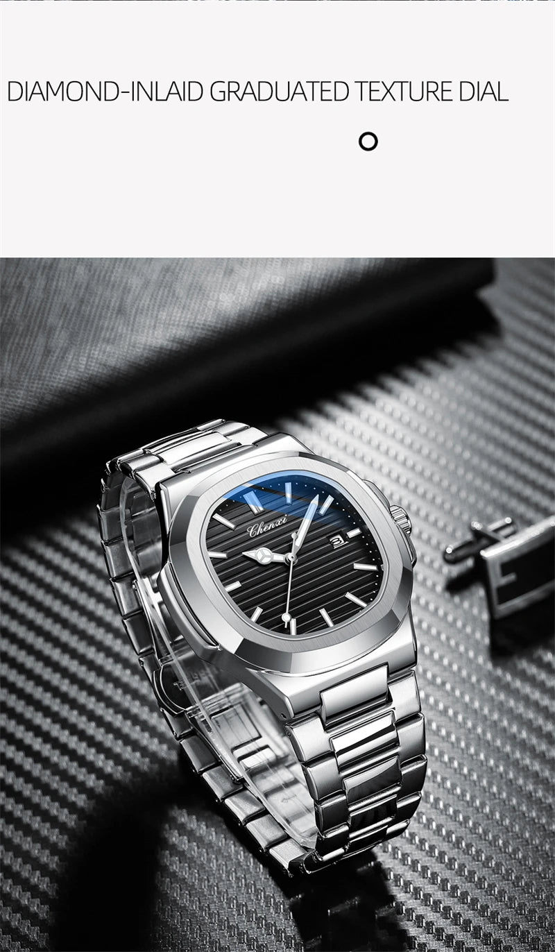 CHENXI 8222 Fashion Couple Quartz Watch Waterproof Night Light Date Stainless Steel Strap Casual Date Men's and Women's Watch