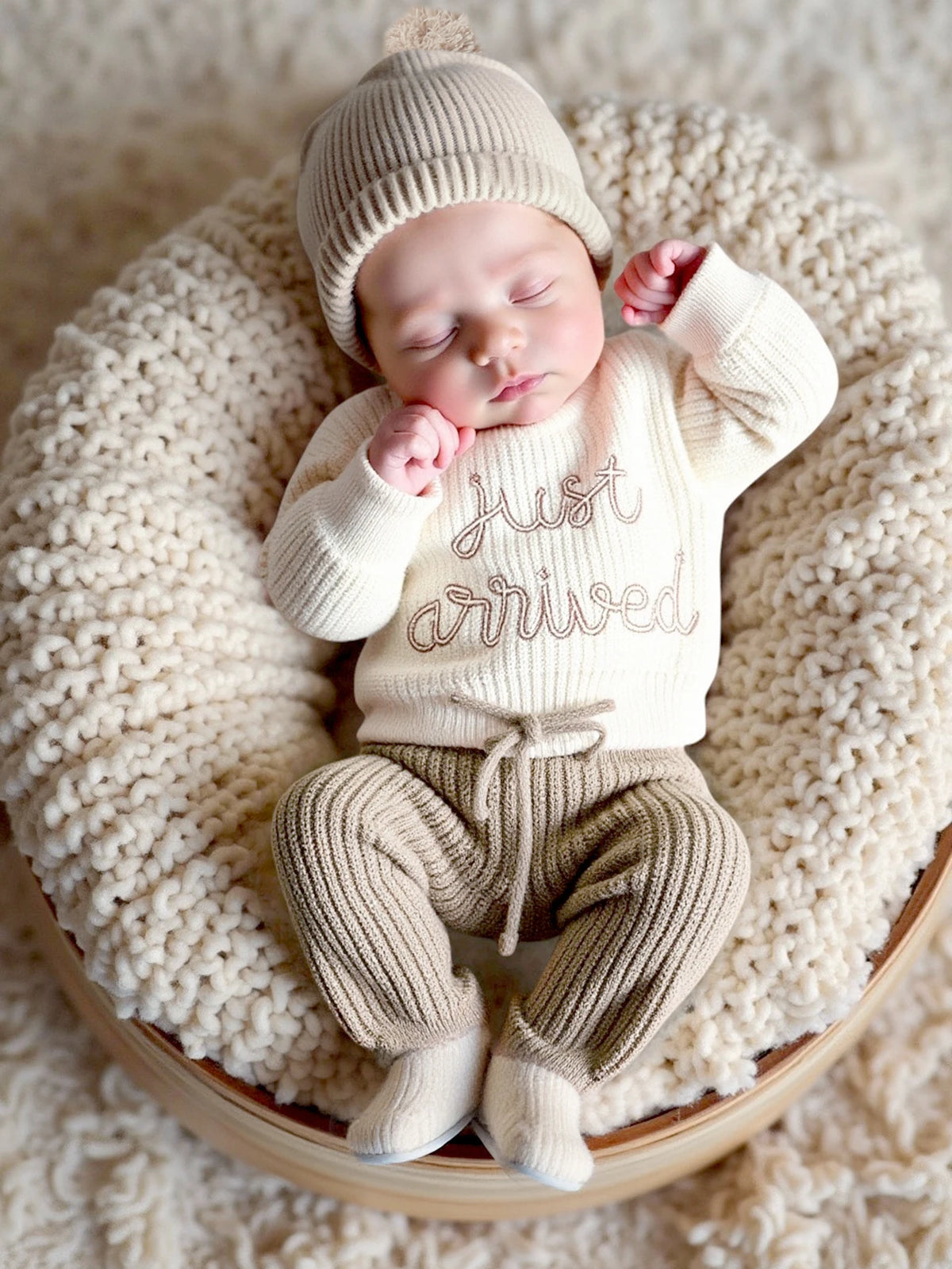 Ylsteed 3 Pcs Set Knitting Newborn Boy Photography Clothes "Just Arrived" Embroidery Khaki Baby Outfits Sweater Baby Shower Gift