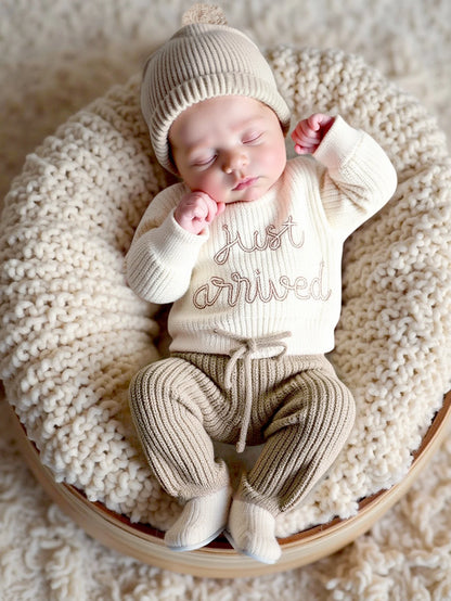 Ylsteed 3 Pcs Set Knitting Newborn Boy Photography Clothes "Just Arrived" Embroidery Khaki Baby Outfits Sweater Baby Shower Gift