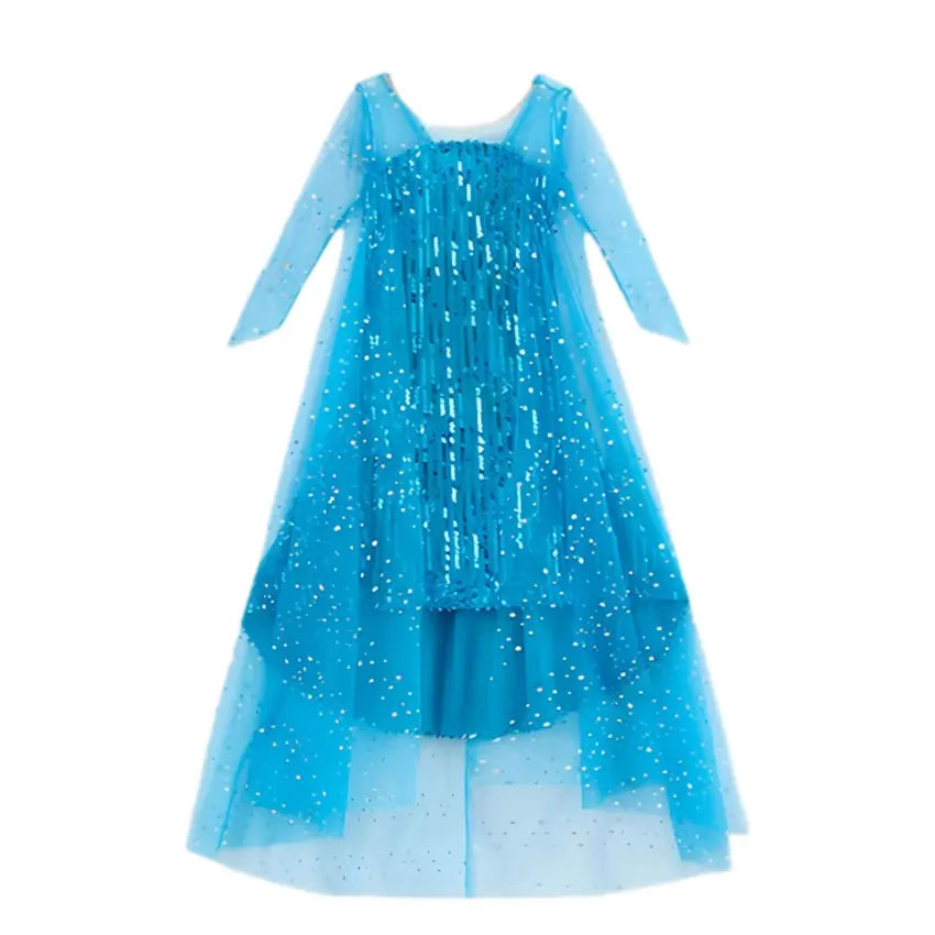 Girl Stunning Princess Maxi Dress All Body Sequin Covered Blue Train Sparkly Tulle Costume Snow Queen Party Elsa Cosplay Outfit