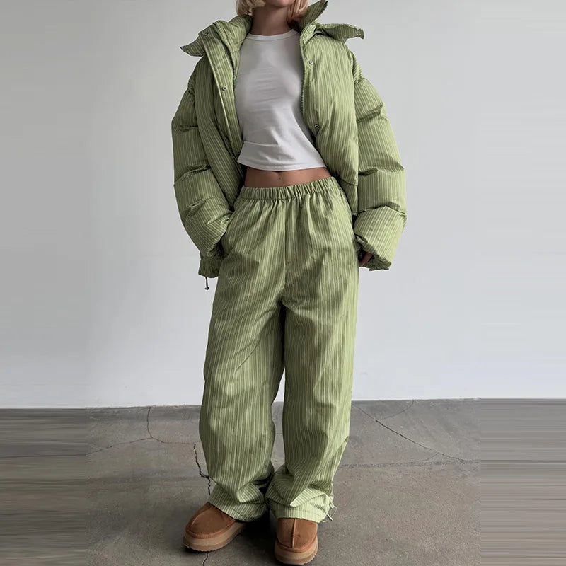 Street Striped Women's Cotton Coat Trouser Suits Hooded Zippers  Autumn Winter Thicken Lady Set 2026 Chic Female Outfits