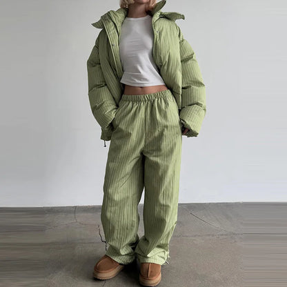 Street Striped Women's Cotton Coat Trouser Suits Hooded Zippers  Autumn Winter Thicken Lady Set 2026 Chic Female Outfits