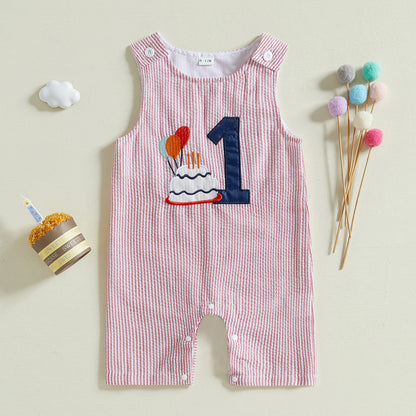 FOCUSNORM 3 Colors 0-18M Lovely Baby Boys Overalls Romper Sleeveless Letter Embroidery Cake Striped Birthday Jumpsuits